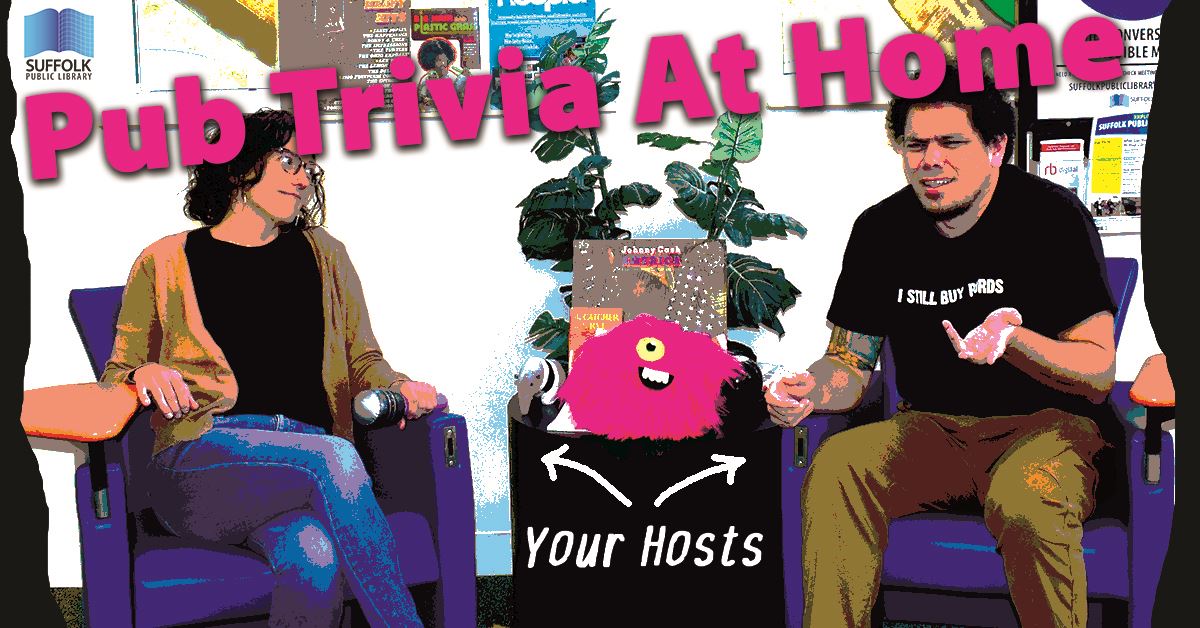 Woman holding inflatable mic sitting on chair across from man looking confused