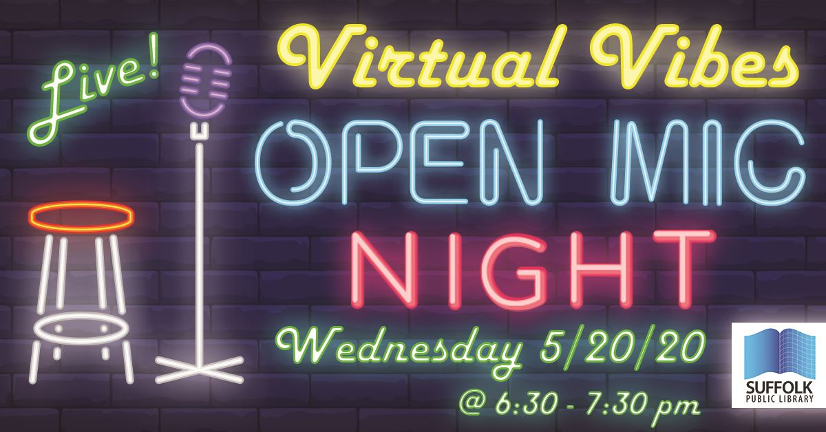 Virtual Vibes Open Mic Night graphic featuring neon glowing mic stand and stool
