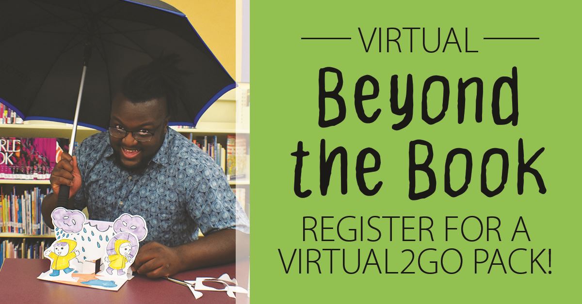 Library staff holding umbrella smiling with rain themed craft
