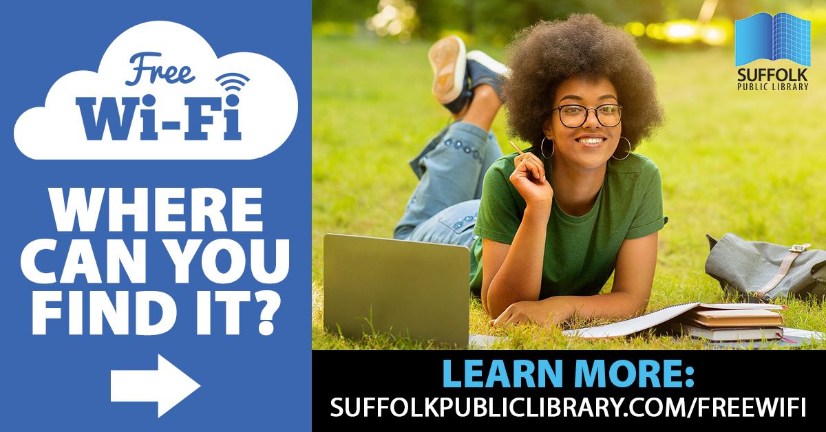 Free WiFi in Community News Feed Promo featuring teen girl lounging in park with books and laptop