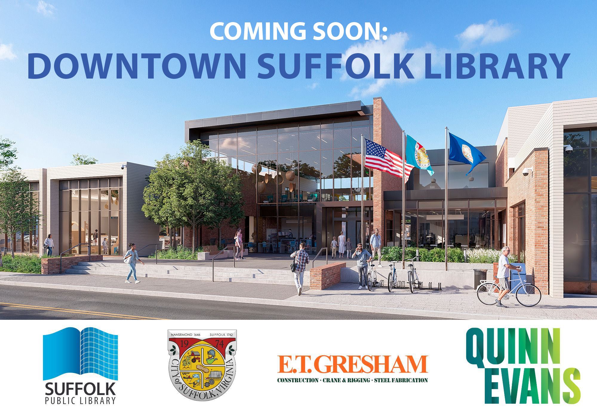 A rendering of the new library with the following text on top: Coming Soon: Downtown Suffolk Library